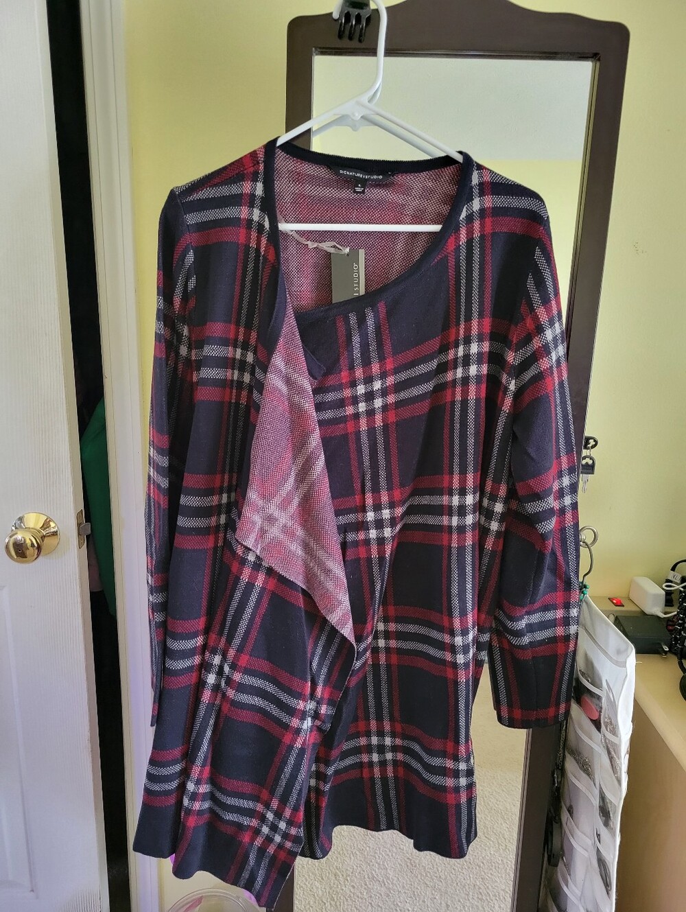 Signature Studio Black and Red Plaid Open-Front Cardigan